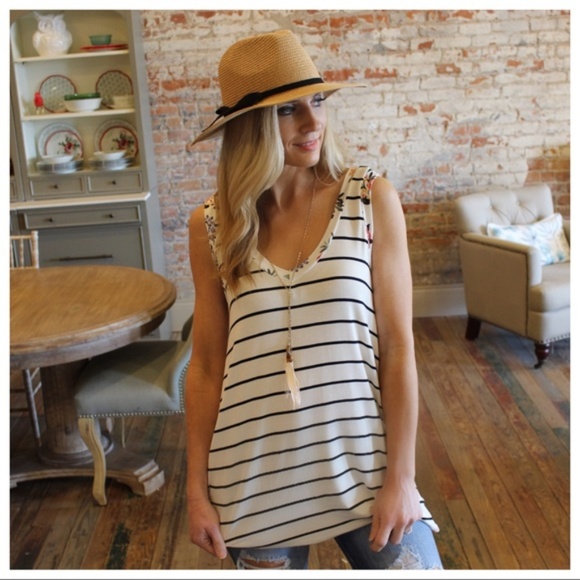 LAST ONE! Ivory Pin Strip Floral Trim Tunic - Picture 3 of 4